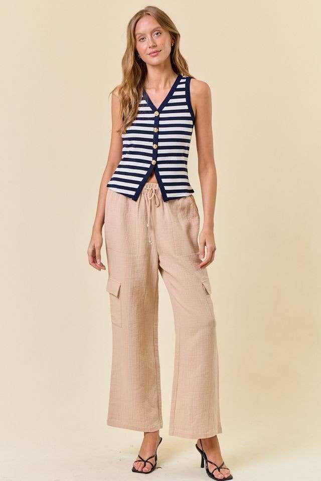 Doe and Rae Stripe Knit Button Front Tank Navy 2