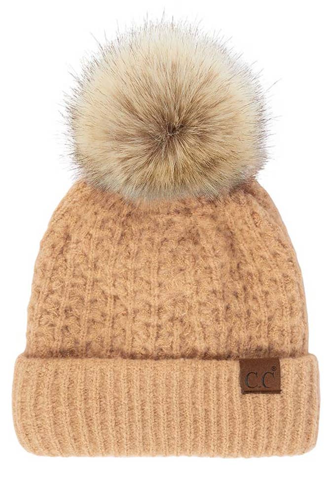 Hana - C.C. Smocking-Stitch Cuffed Pom Beanie 1