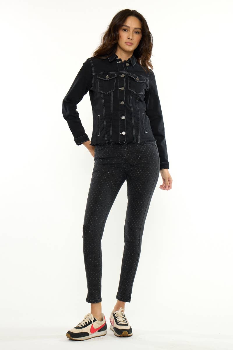 Kan Can USA Frayed Hem Denim Jacket in Black 1