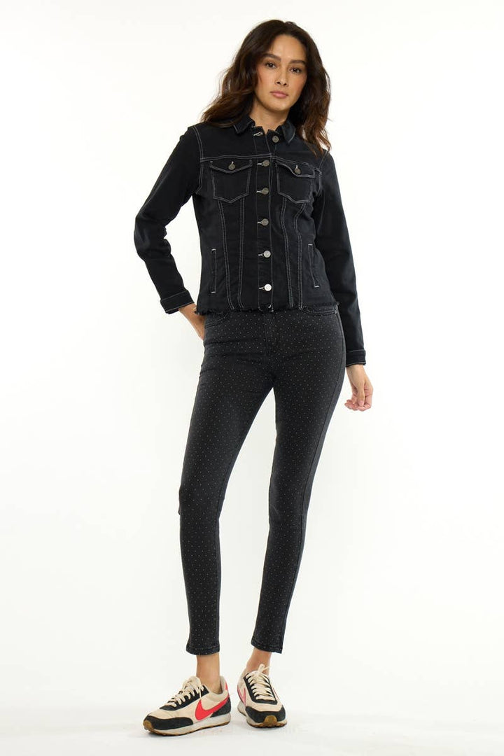 Kan Can USA Frayed Hem Denim Jacket in Black 1