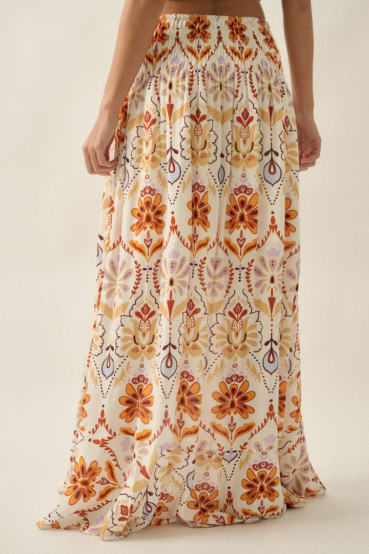 Promesa USA - Multicolor Ornate Floral-Print Button-Front Maxi Skirt in Cream-Sand 5