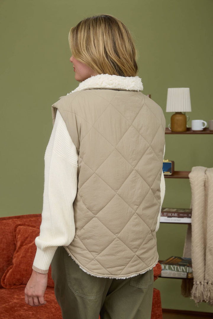 Quilted Fleece Lined Puffer Vest Cement 1