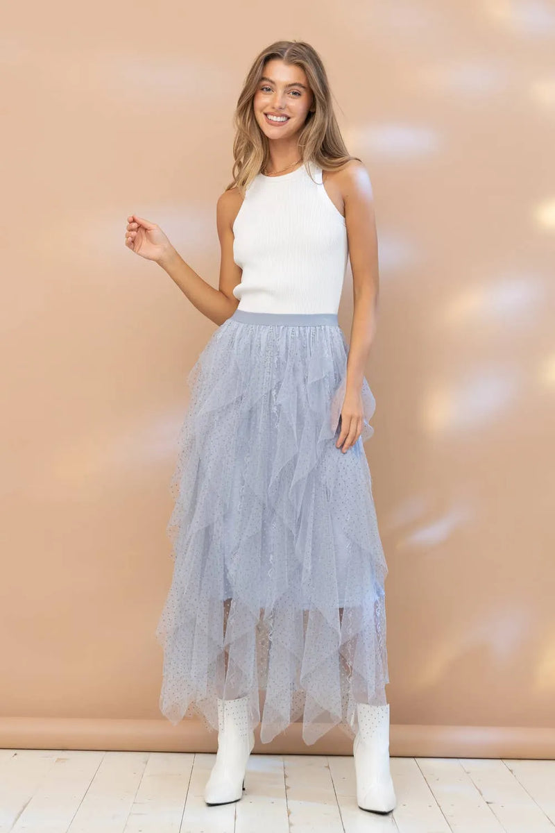 Shop Swiss Dot Tulle Mesh Ruffle Maxi Skirt Now at Emma s Boutique