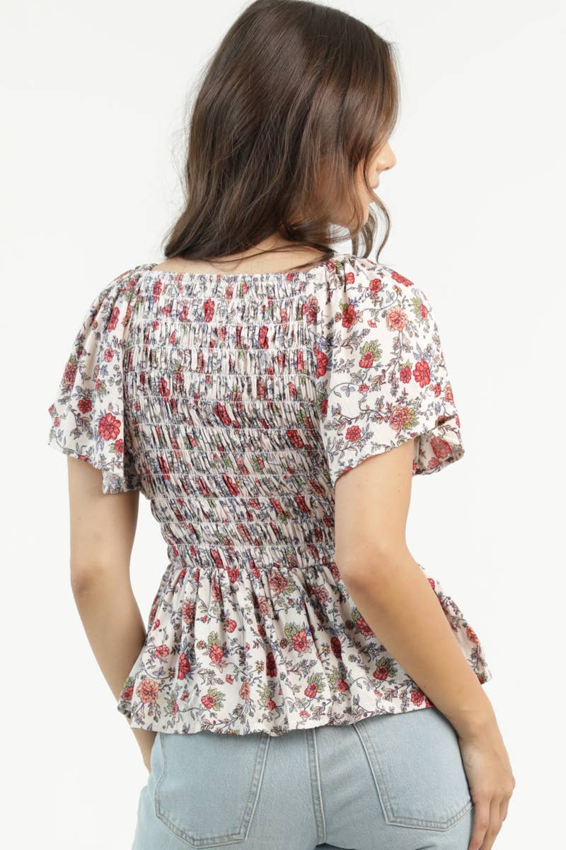 Angie V Neck Smocked Bust Short Sleeve Floral Print Top Ivory back