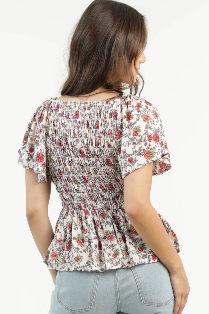 Angie V Neck Smocked Bust Short Sleeve Floral Print Top Ivory back