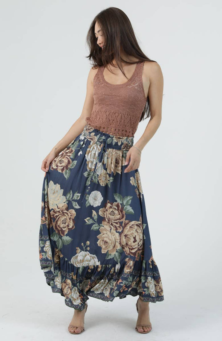 Angie Smocked Waist Ruffle Hem Maxi Skirt in Indigo 1
