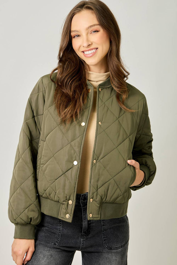 Mystree Olive Quilted Bomber Jacket Olive