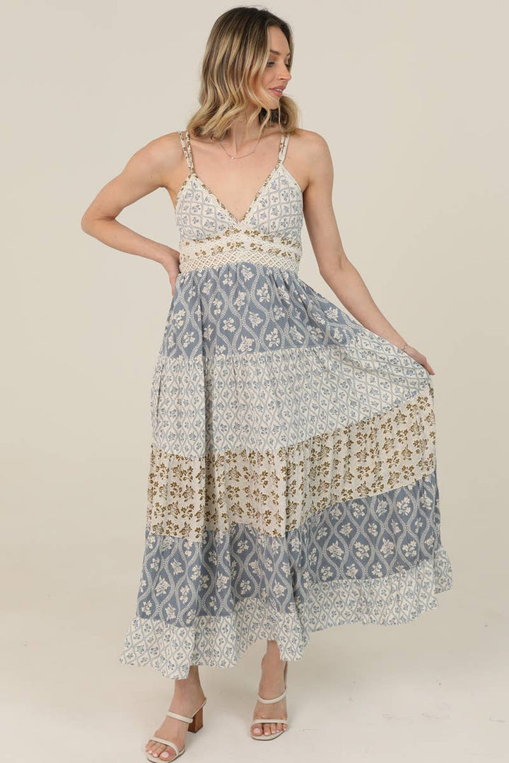 Angie V-Neck Mix Print Lace Trim Maxi Dress in Vintage Blue front