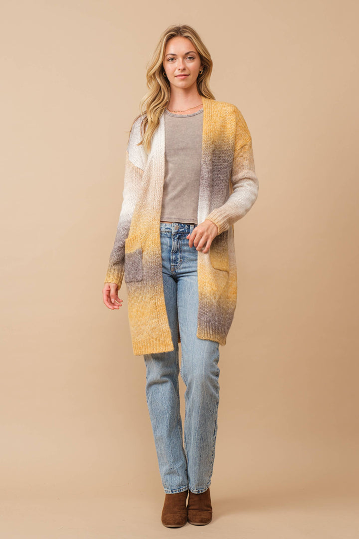 Ombre Brushed Yarn Knit Open Cardigan mustard