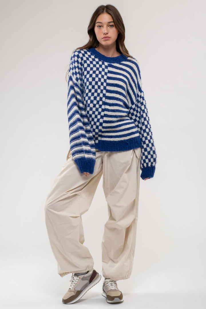 Blu Pepper Stripe Checkered Sweater