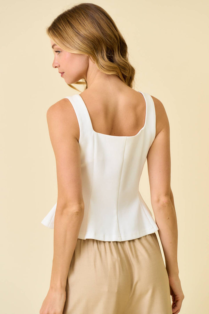 Doe and Rae Nylon Ponte Button Front Peplum Top in off white 3