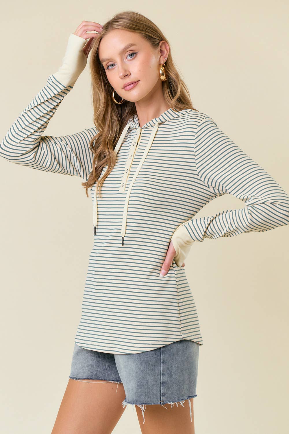 Stripe Long Sleeve Henley Hood Top green2