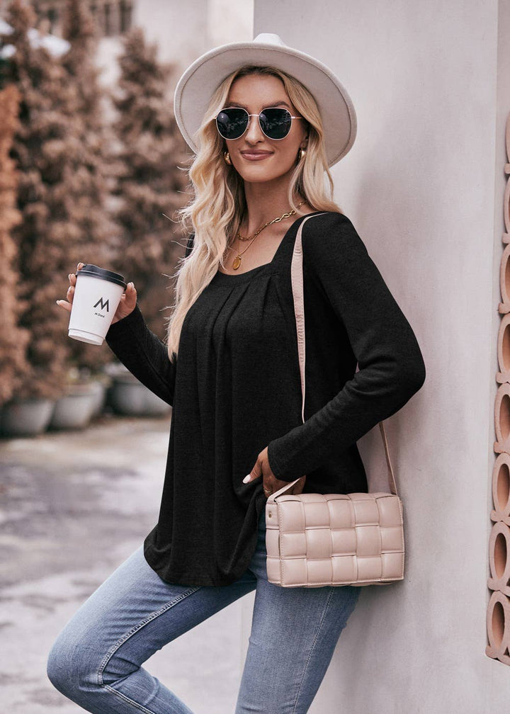 Pleated Square Neck Long Sleeve Top blk2
