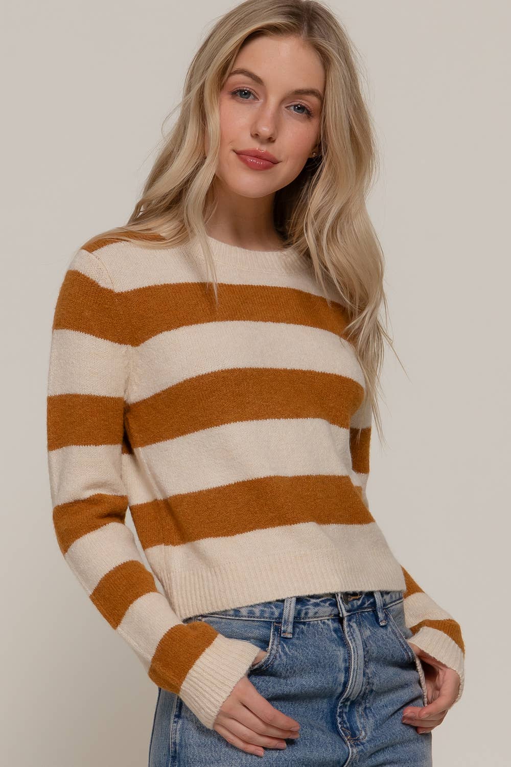 Long Sleeve Crew Neck Stripe Sweater Camel/Ivory 1