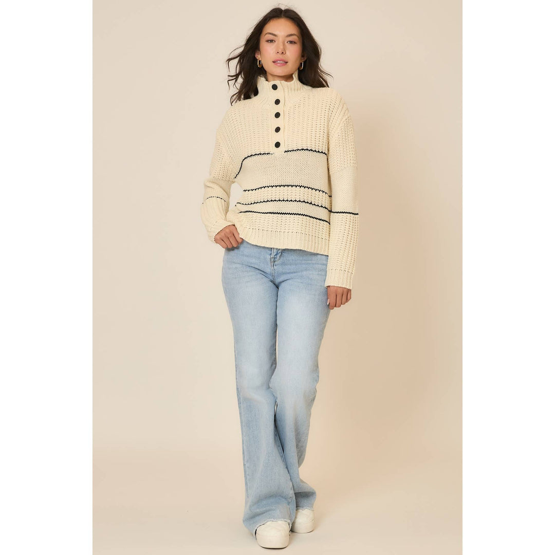 Button Up Knit Sweater with Contrast Stripes Cream 2
