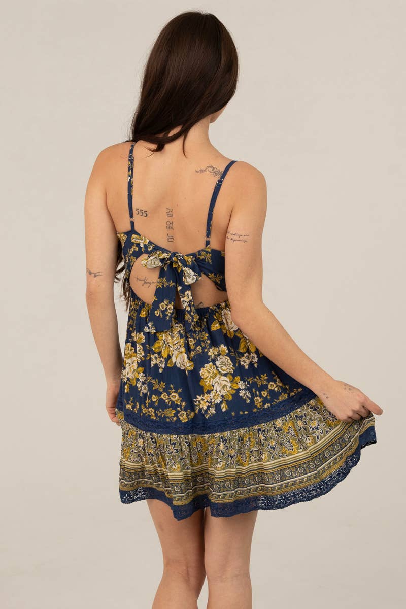 Angie V Neck Lace Trim Tie Back Smocked Waist Dress in Navy