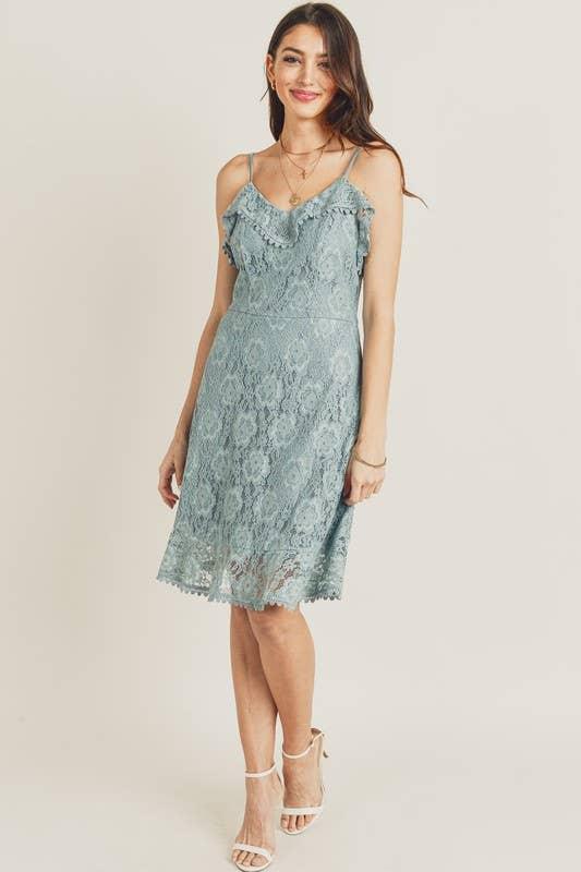 All Over Lace Frill Neckline Dress pic 1 - Emma's Boutique Dusty Sage