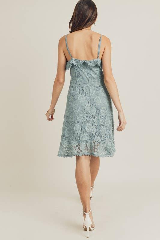 All Over Lace Frill Neckline Dress pic 2 - Emma's Boutique Dusty Sage