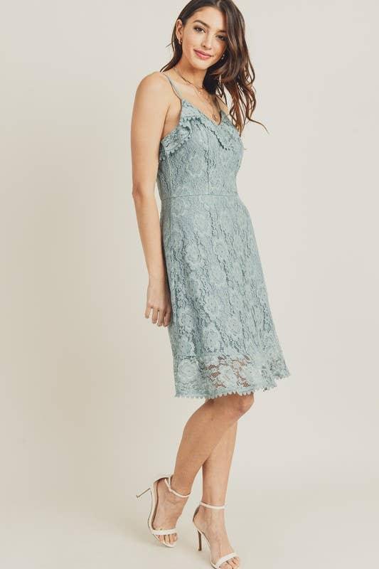 All Over Lace Frill Neckline Dress pic 6 - Emma's Boutique Dusty Sage