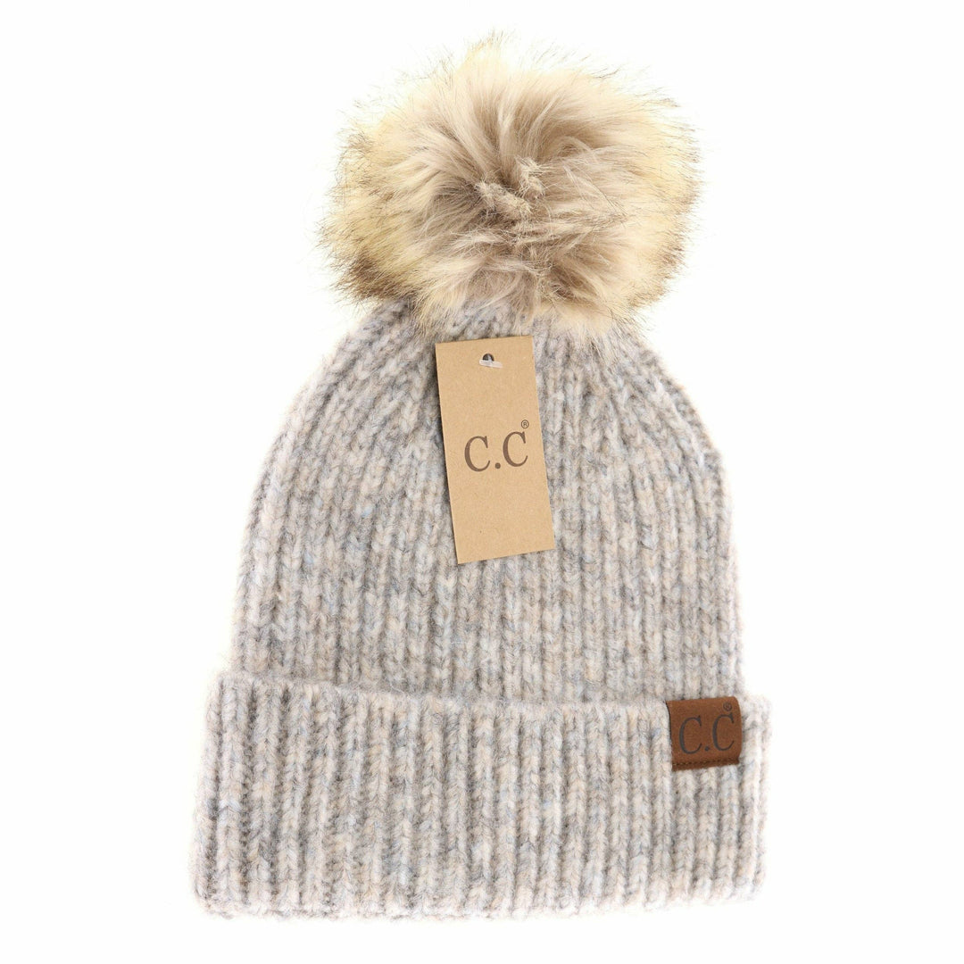 Soft Ribbed Fur Pom C.C Beanie Dove Multi
