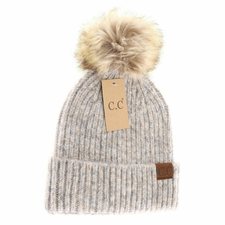 Soft Ribbed Fur Pom C.C Beanie Dove Multi