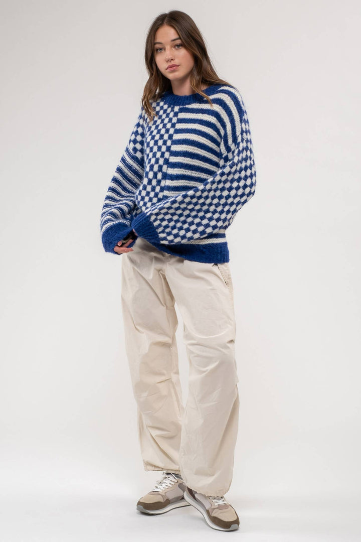 Blu Pepper Stripe Checkered Sweater