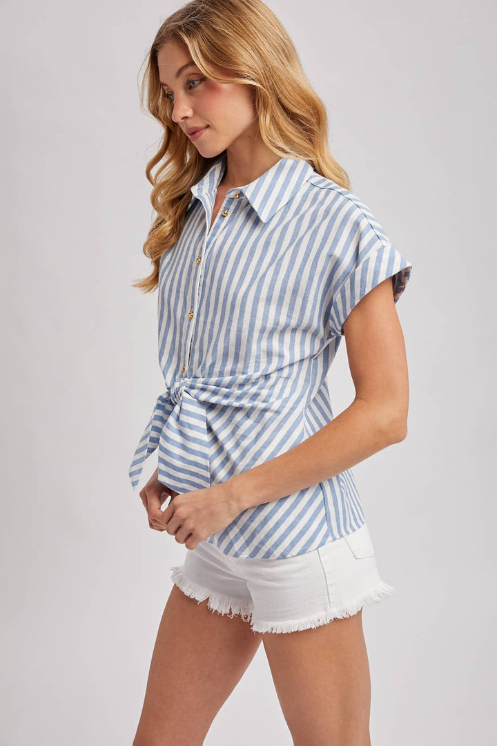 Bluivy Striped Knotted Button Down Shirt - Chambray
