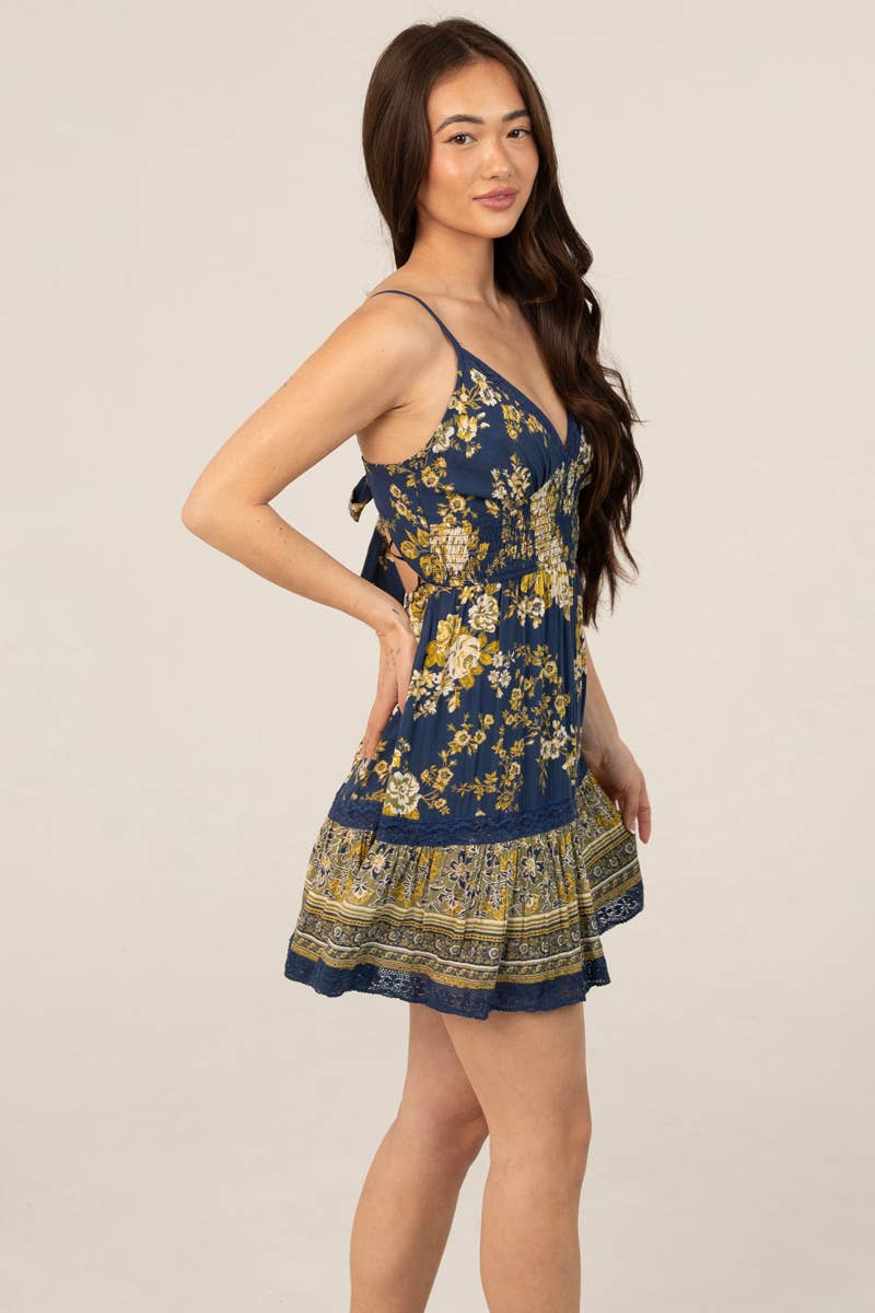 Angie V Neck Lace Trim Tie Back Smocked Waist Dress in Navy side