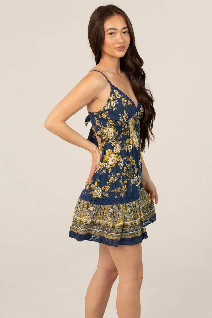 Angie V Neck Lace Trim Tie Back Smocked Waist Dress in Navy side