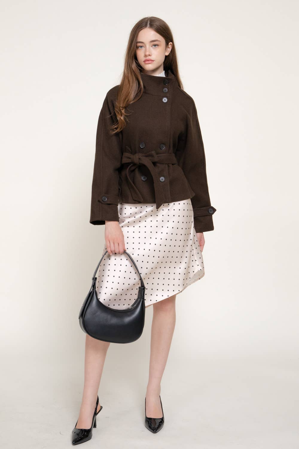 Active Basic - High Neck Double Breasted Button Belted Felt Jacket in Brown 3
