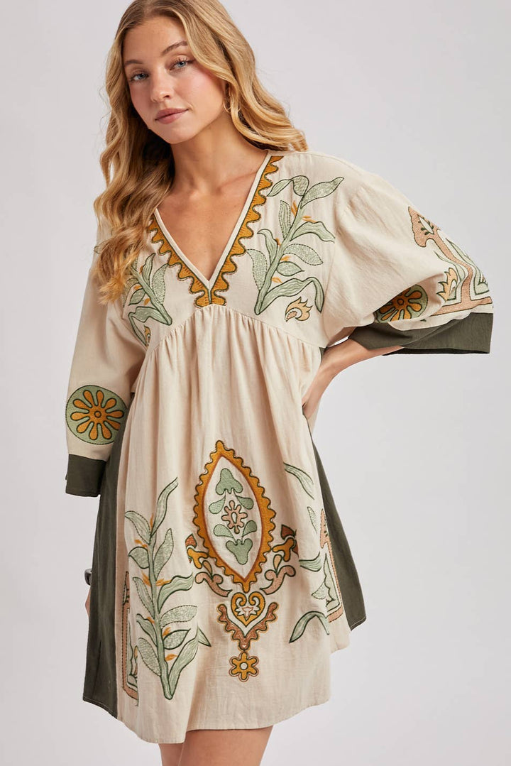 Bluivy Boho Embroidered Babydoll Dress - Sage