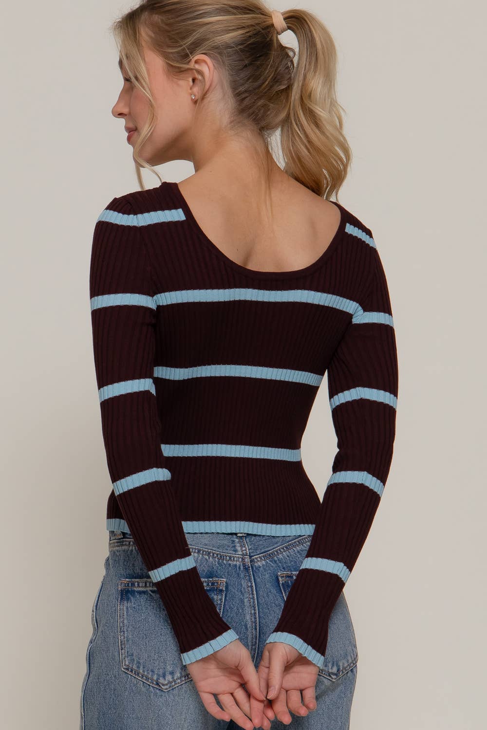 Double Scoop Neck Stripe Sweater Maroon/Light Blue 3