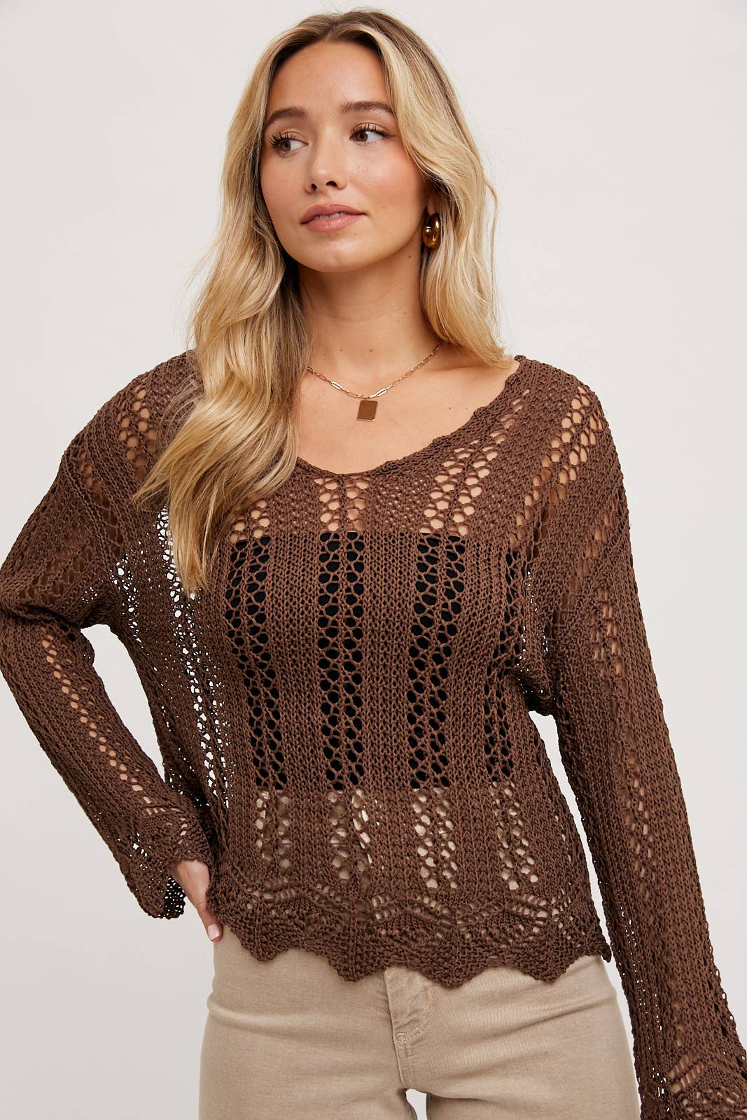 Open Knit V-Neck Pullover chocolate3