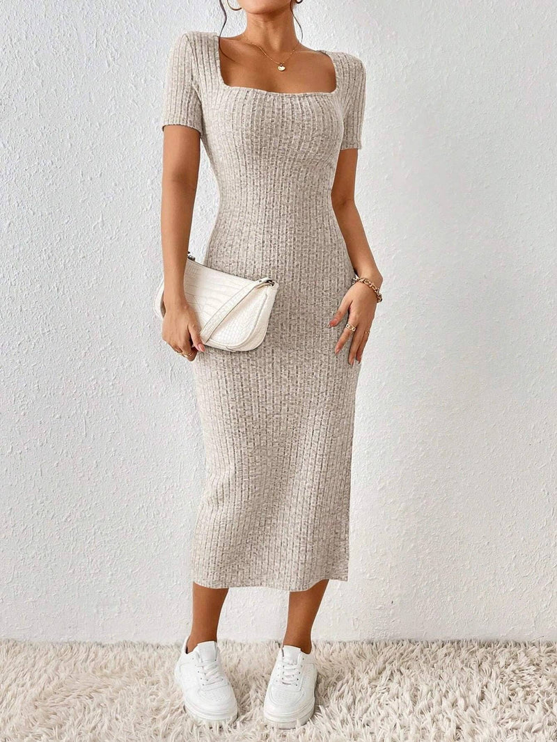 Solid Square Collar Hip Wrap Dress