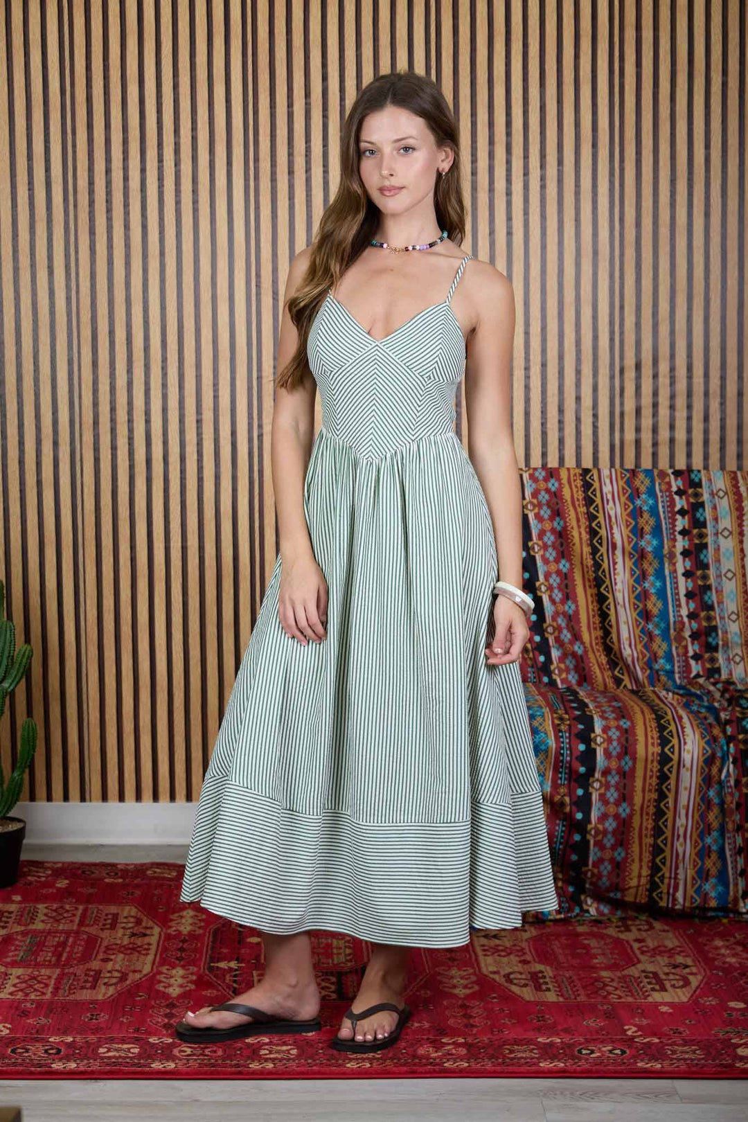 Blu Pepper - Stripe Spaghetti Strap Basque Waist Midi Dress in Green 1