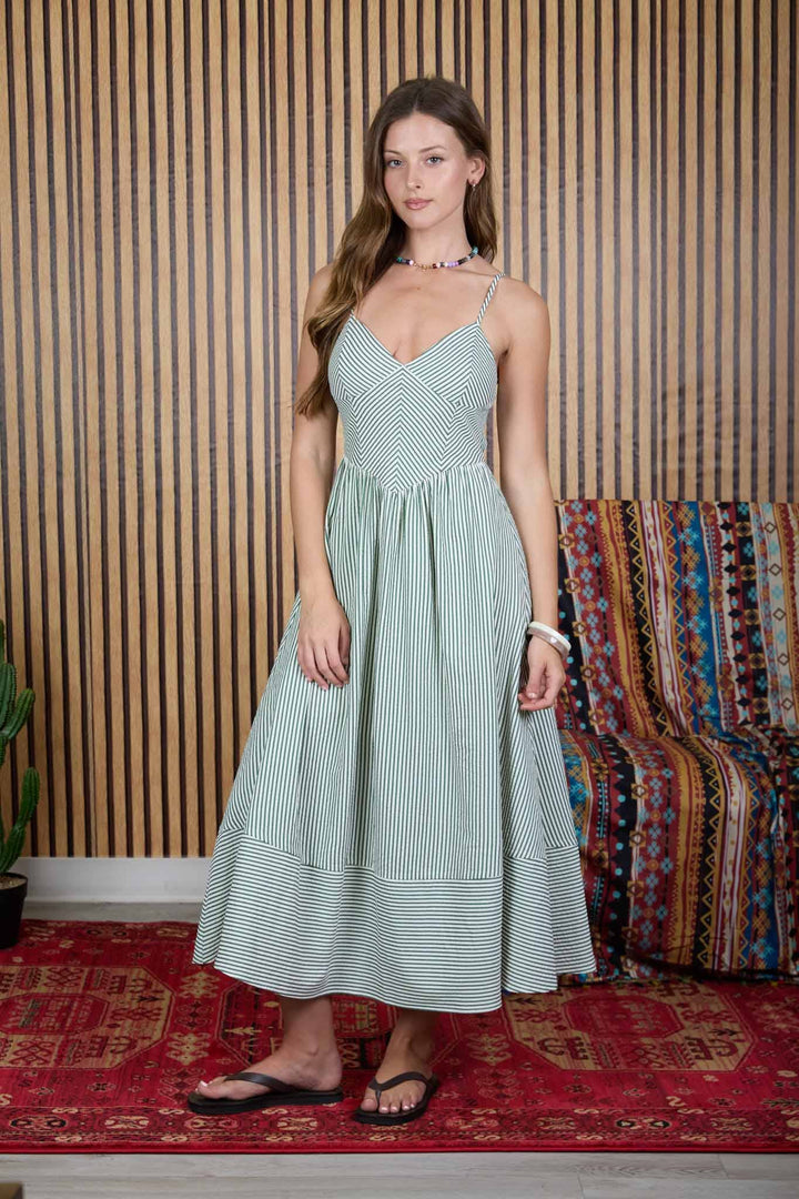 Blu Pepper - Stripe Spaghetti Strap Basque Waist Midi Dress in Green 1
