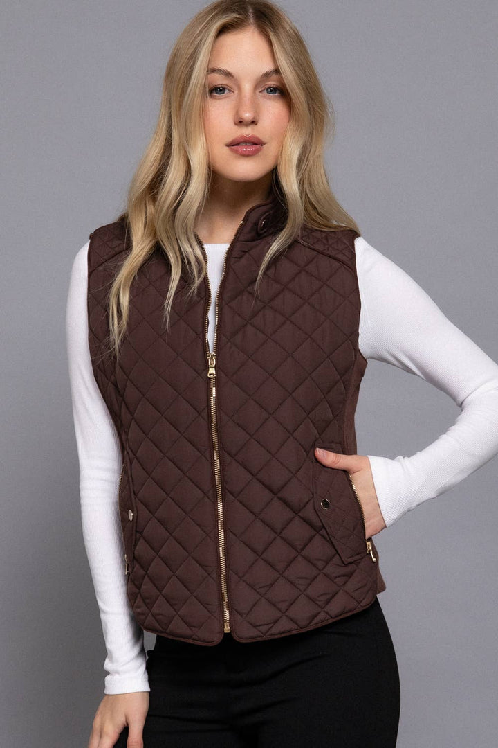 Active Basic - Suede Piping Detail Rib Quilted Padding Vest in Brown