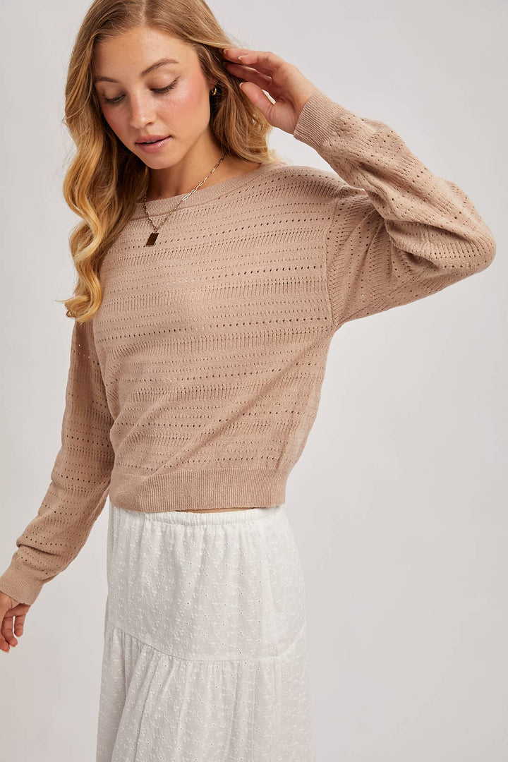 Bluivy Open Knit Long Sleeve Pullover Top in Latte 4