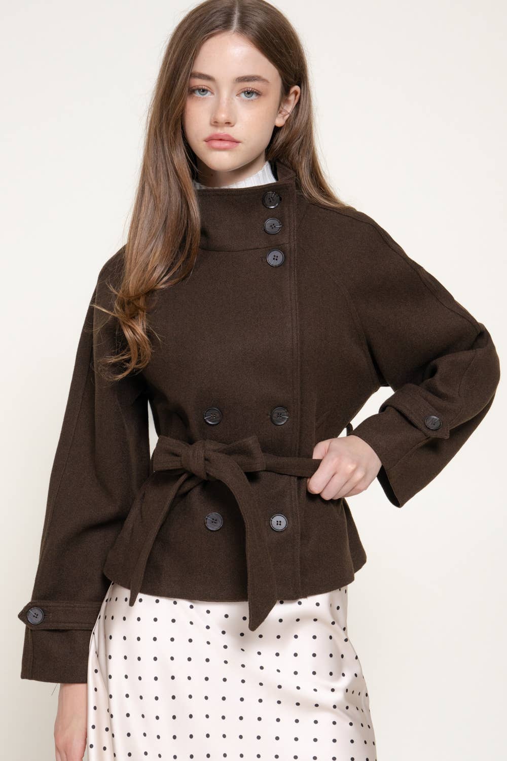 Active Basic - High Neck Double Breasted Button Belted Felt Jacket in Brown
