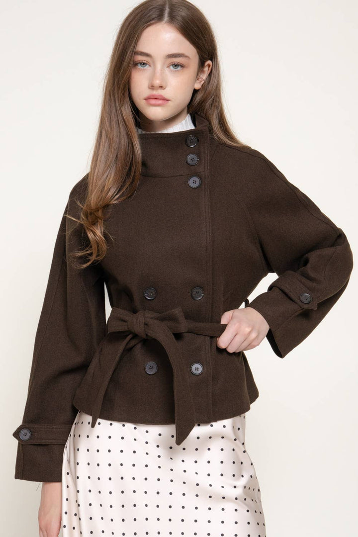 Active Basic - High Neck Double Breasted Button Belted Felt Jacket in Brown