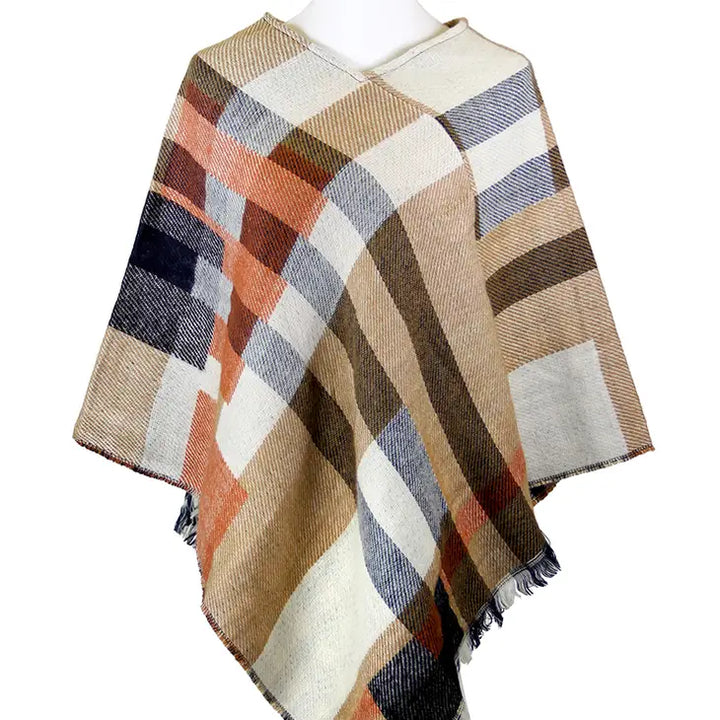 Plaid Poncho With Fringes