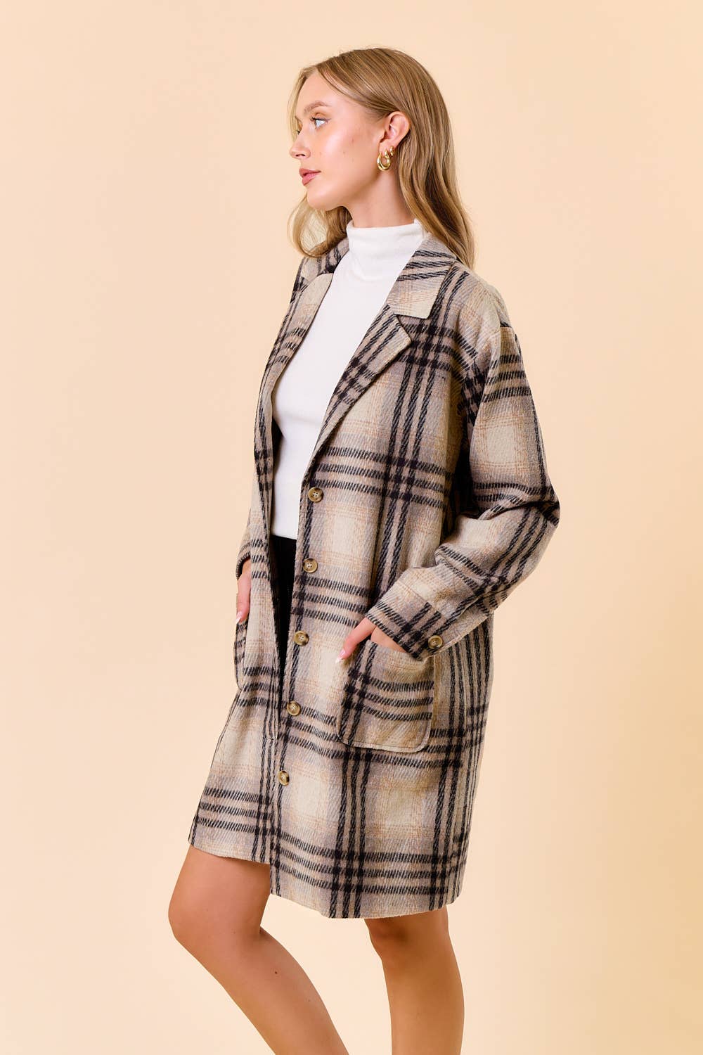 Plaid Front Button Closure Knee Length Coat2
