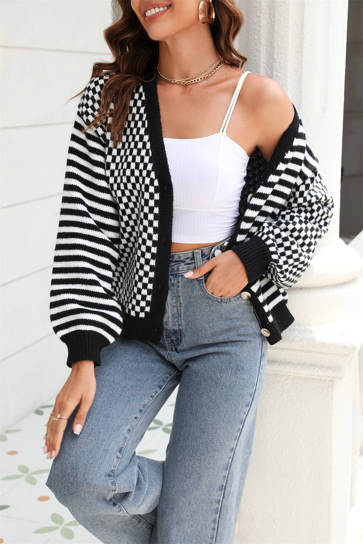 Striped and Checkered Knit Button Cardigan blk