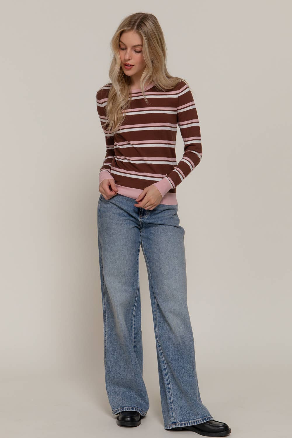 Active USA - Long Sleeve Round Neck Multi Stripe Sweater in Brown 3