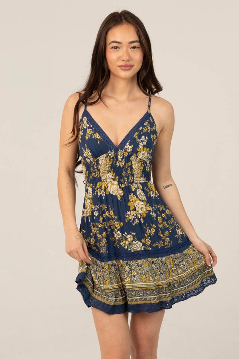 Angie V Neck Lace Trim Tie Back Smocked Waist Dress in Navy 3