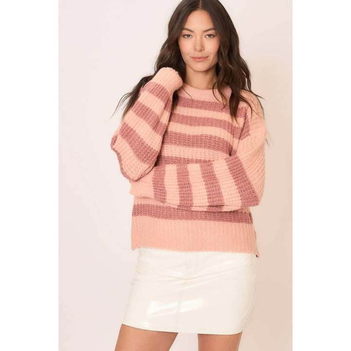 Striped Brushed Knit Crew Neck Sweater Blush 5