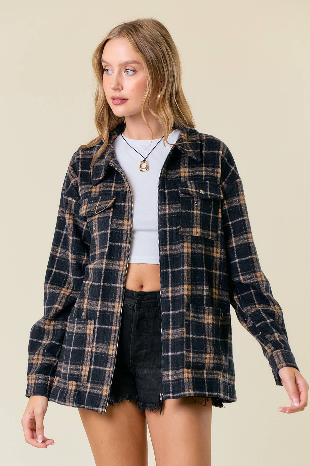Brushed Plaid Oversized Zip Up Jacket1