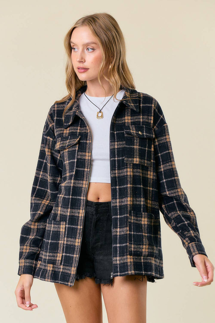 Brushed Plaid Oversized Zip Up Jacket1