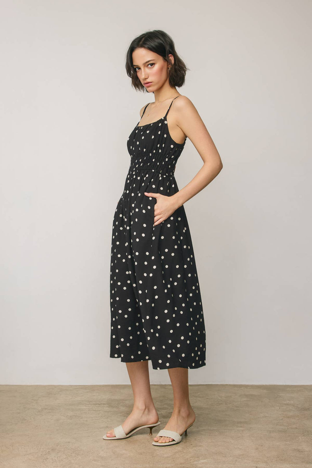 Dress Forum - Sunday Dot Shirred Waist Sleeveless Dress in Black 1