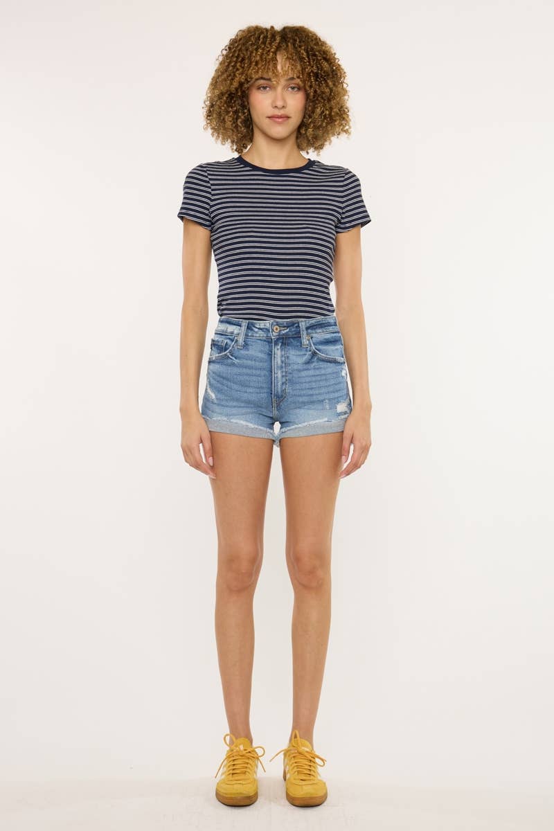 Kan Can USA High Rise Cuff Denim Shorts  in Medium Wash 5